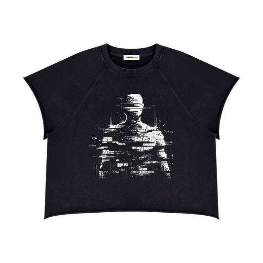 Black boxy crewneck T-shirt with distressed glitch statue graphic on front