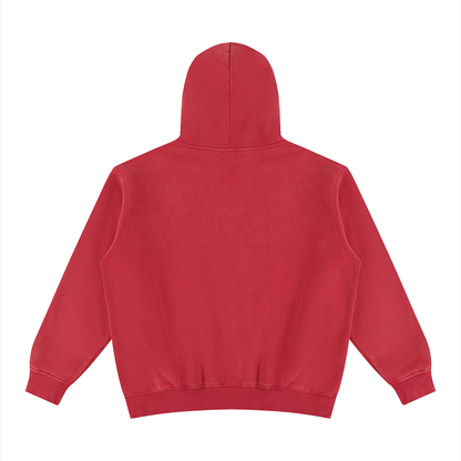 Unisex vintage wash fleece hoodie, red, back view with hood and no visible print