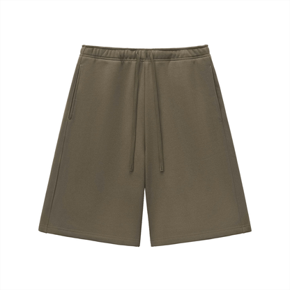 Olive green heavyweight fleece shorts, elastic waistband with drawstring, front view