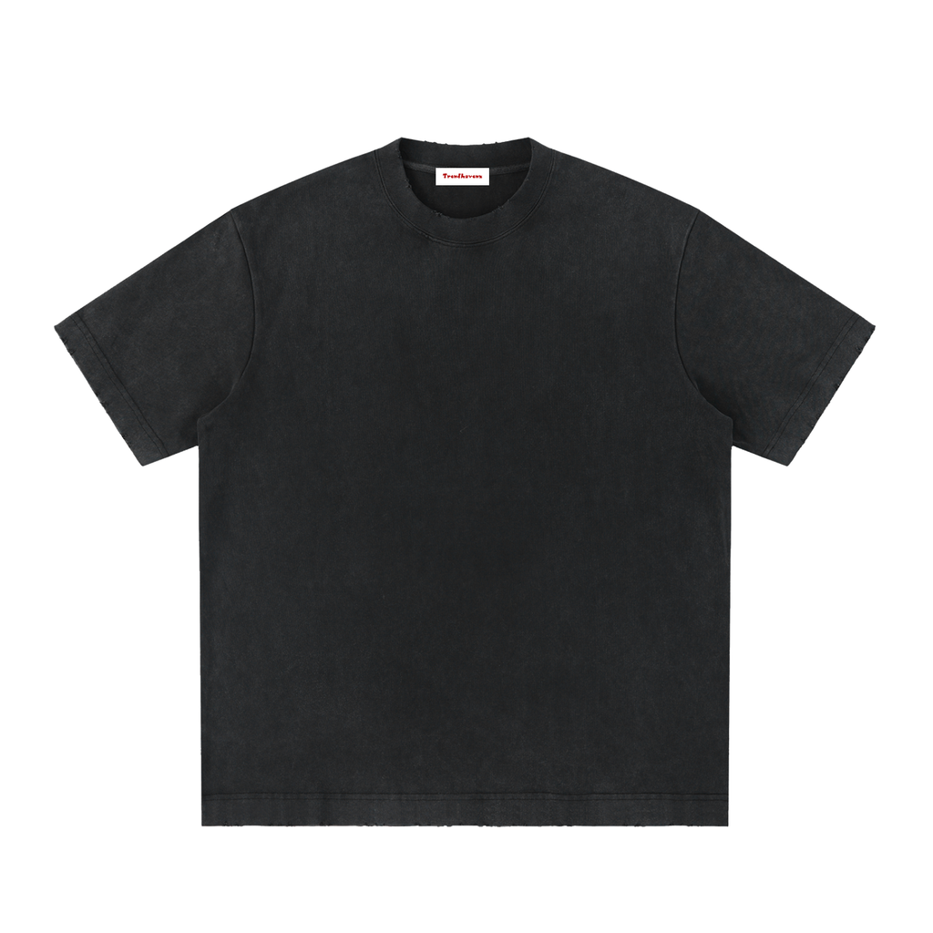 Washed frayed black t-shirt, crew neck, short sleeves