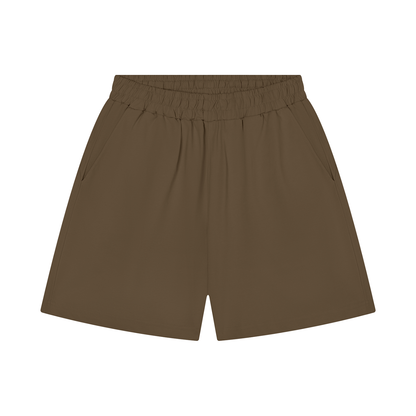 Unisex cotton shorts, regular fit, elastic waist, deep brown color.