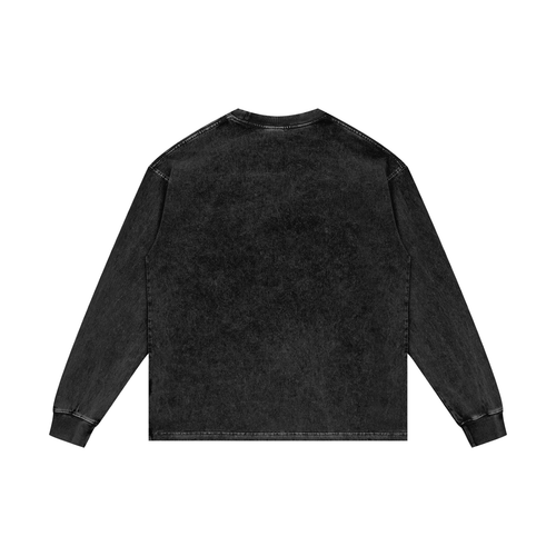 Oversize long-sleeve acid wash t-shirt, dark gray, crew neck, back view, no graphic