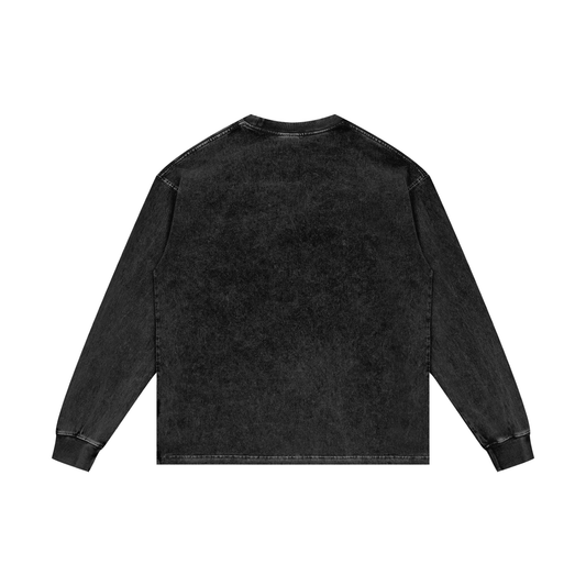 Oversize long-sleeve acid wash t-shirt, dark gray, crew neck, back view, no graphic
