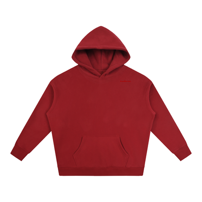 Oversize fleeced hoodie in red, front with hood and kangaroo pocket
