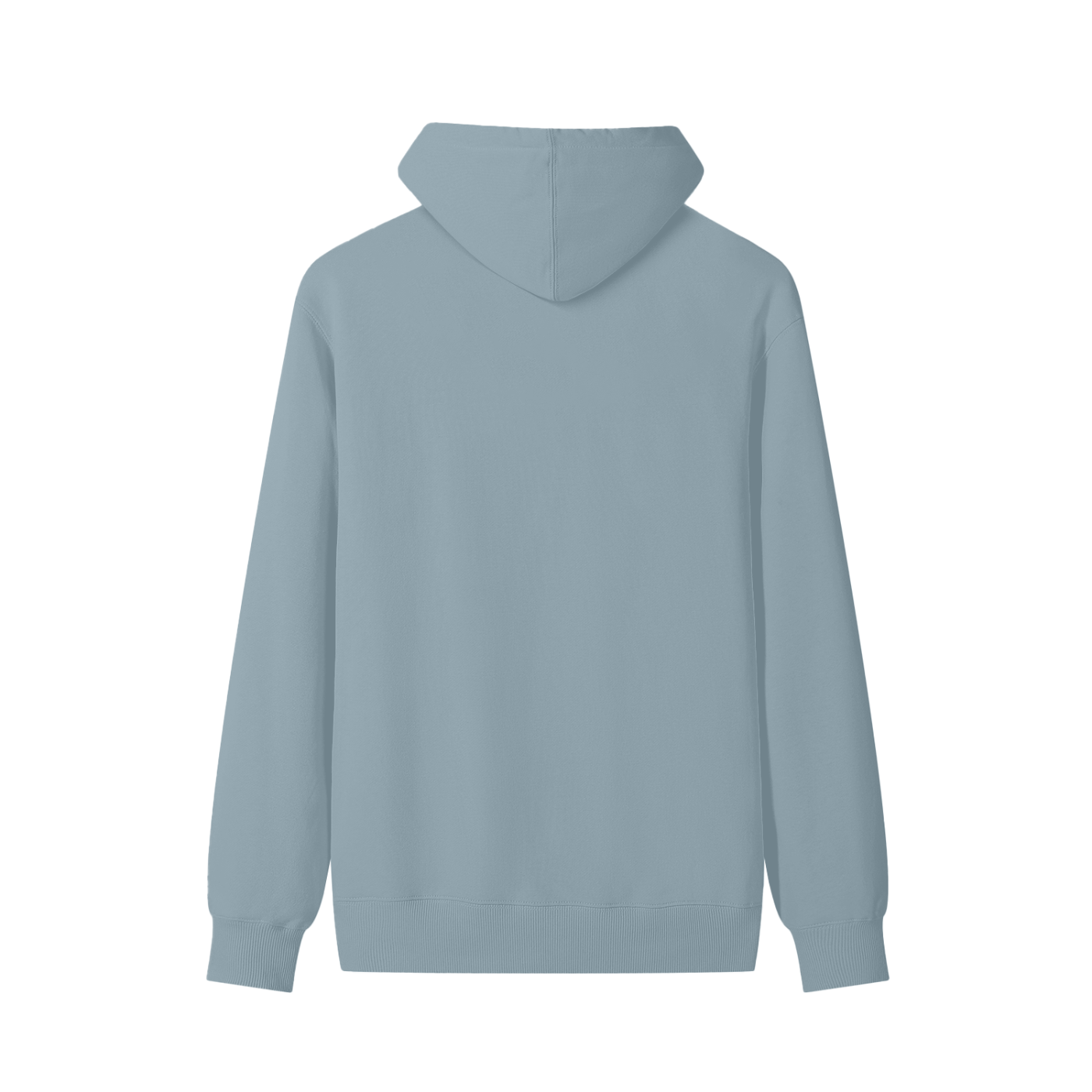 Cotton pullover hoodie, muted blue, back view with adjustable drawstring hood