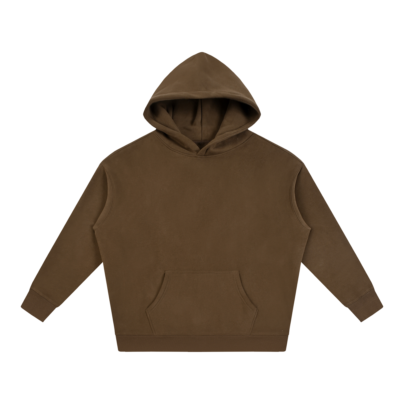 Oversize hoodie in brown, front view with hood and kangaroo pocket