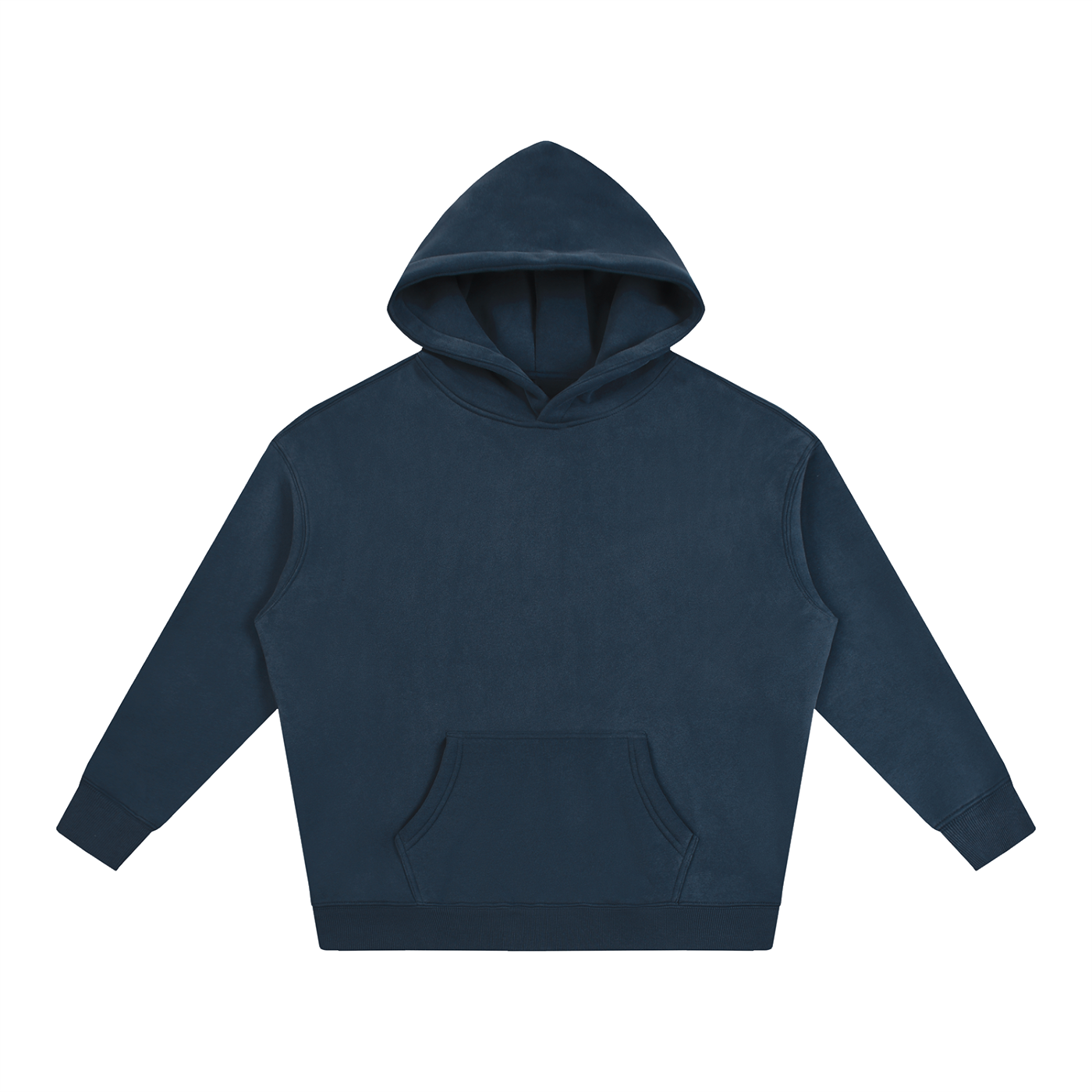Oversize hoodie in navy blue, front view with hood and kangaroo pocket