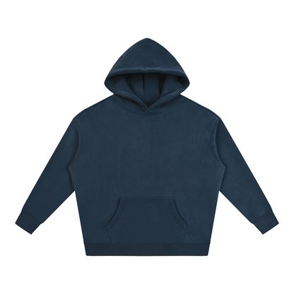 Oversized fleece pullover hoodie in dark navy, front view with kangaroo pocket