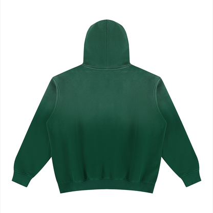 Unisex vintage wash fleece hoodie, dark green, back view with hood and no visible print