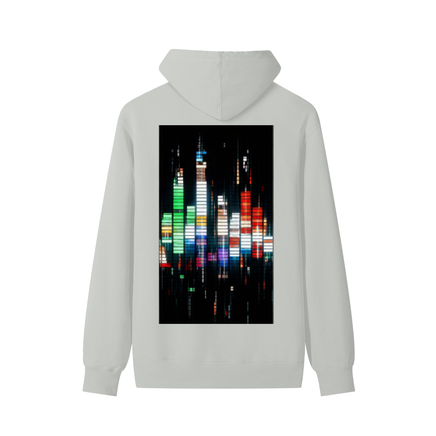 Unisex cotton hoodie, off-white/cream color, back view with cityscape graphic print