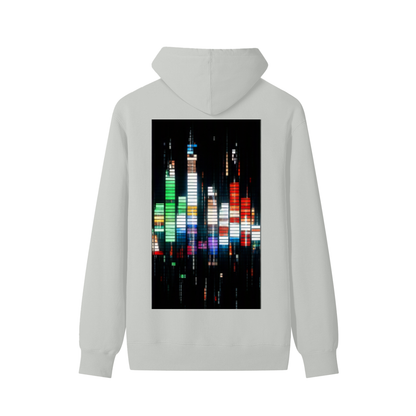 Unisex cotton hoodie, off-white/cream color, back view with cityscape graphic print