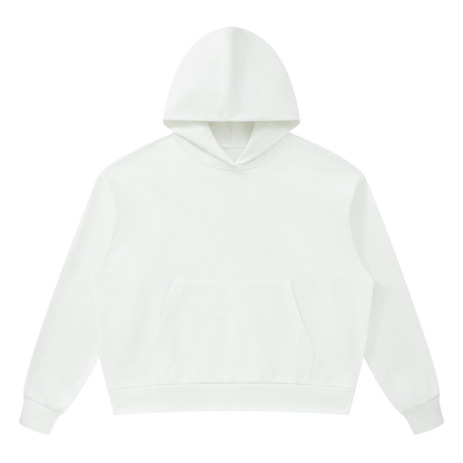 White oversized pullover hoodie with hood and front pouch pocket