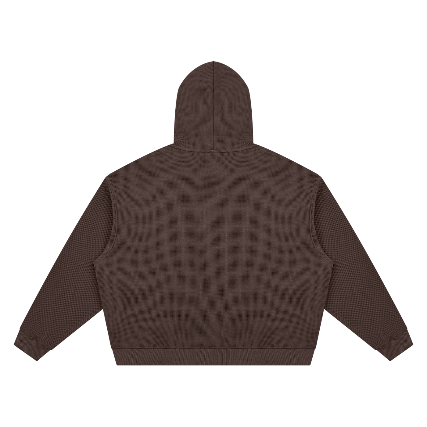 Unisex waffle boxy hoodie, coffee brown, pullover hood and kangaroo pocket; back view