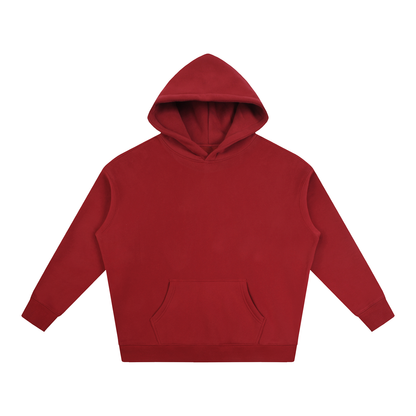 Oversize fleece hoodie, red pullover with hood and front pouch pocket