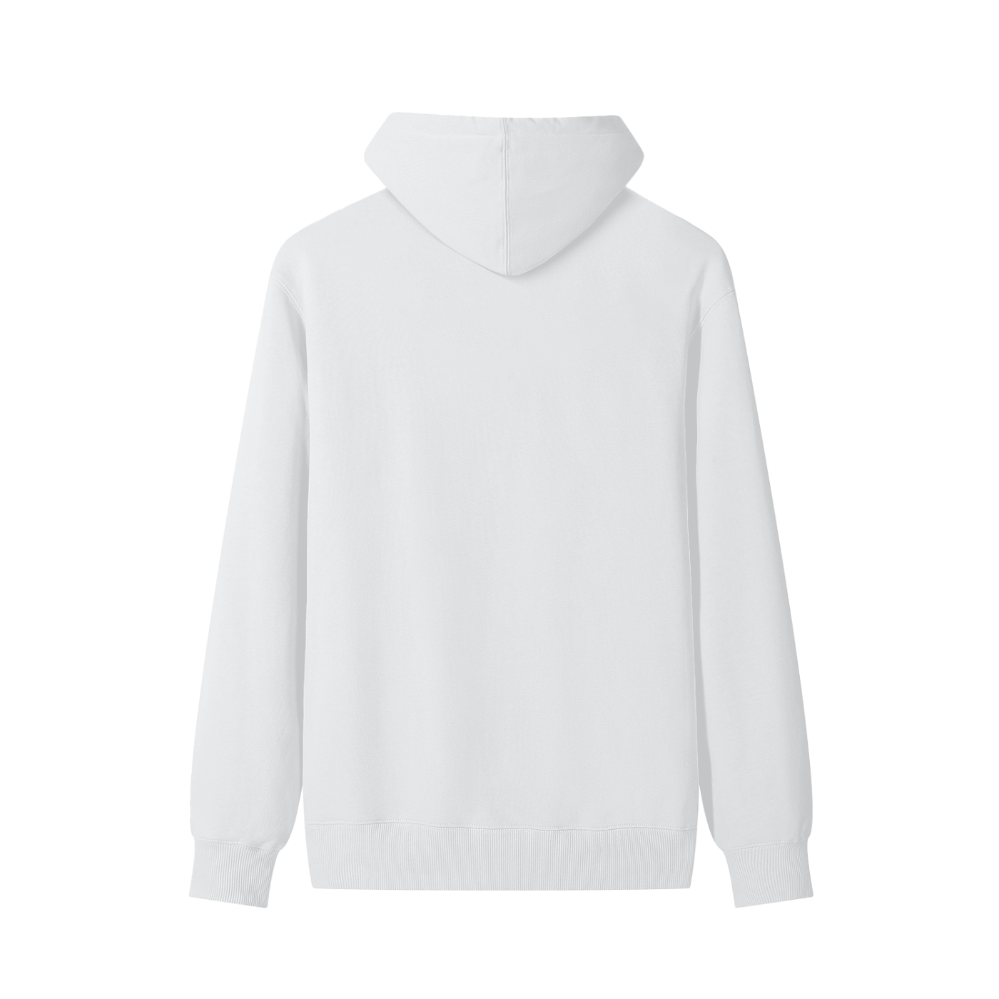 Unisex cotton hoodie in white, back view with hood and ribbed cuffs.