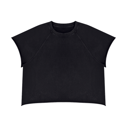 Black boxy raglan crew-neck T-shirt, vintage washed, raw edge hem