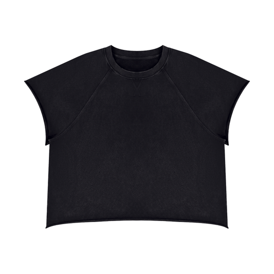Black boxy raglan T-shirt with raw edge hem and distressed vintage wash