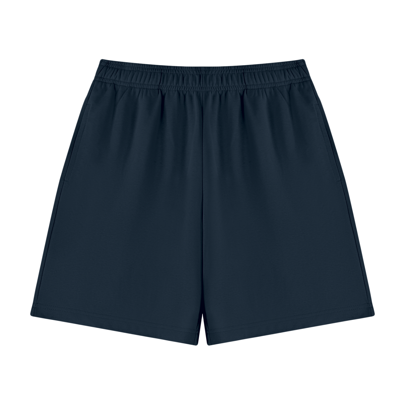 Unisex cotton shorts in navy blue with elastic waistband and straight hems