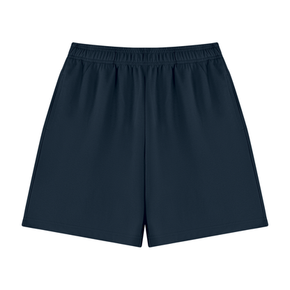Unisex cotton shorts in navy blue with elastic waistband and straight hems