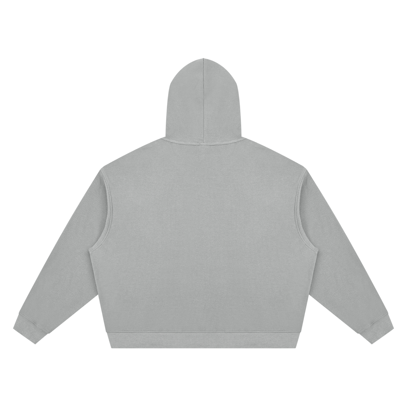 Medium gray unisex boxy pullover hoodie, back view with hood and front kangaroo pocket