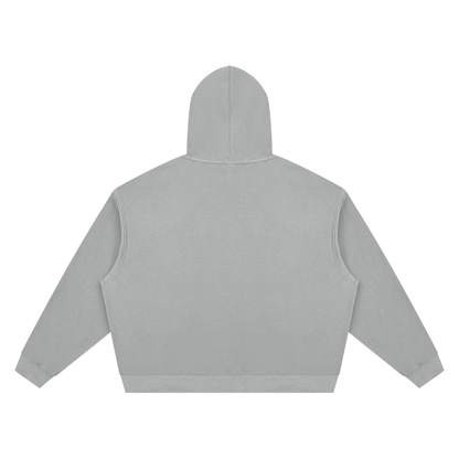 Medium gray unisex boxy pullover hoodie, back view with hood and front kangaroo pocket