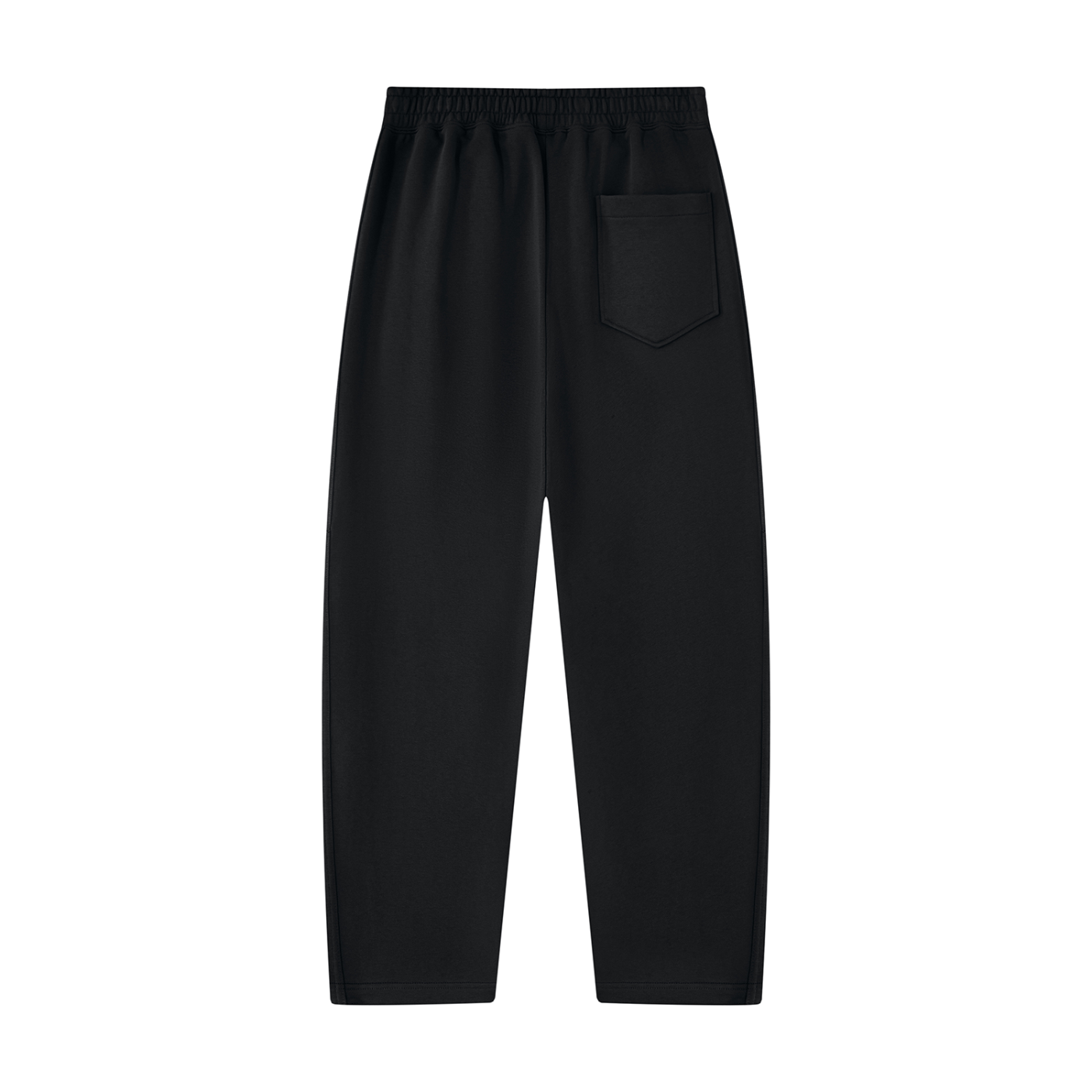 Black unisex sweatpants with elastic waistband and side patch pocket on right leg.