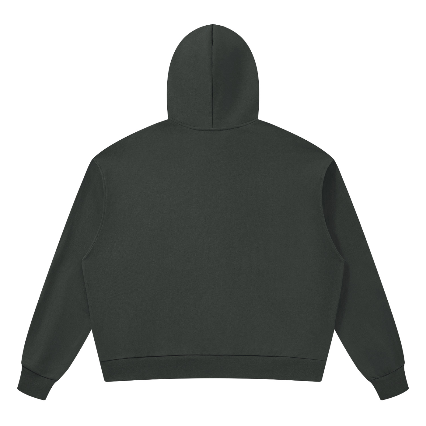 Unisex drop-shoulder hoodie in dark gray with hood, back view