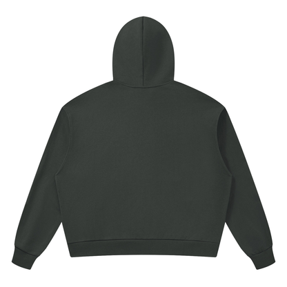 Unisex drop-shoulder hoodie in dark gray with hood, back view