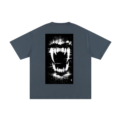FERAL pure cotton T-shirt, dark blue-gray with black-and-white graphic print