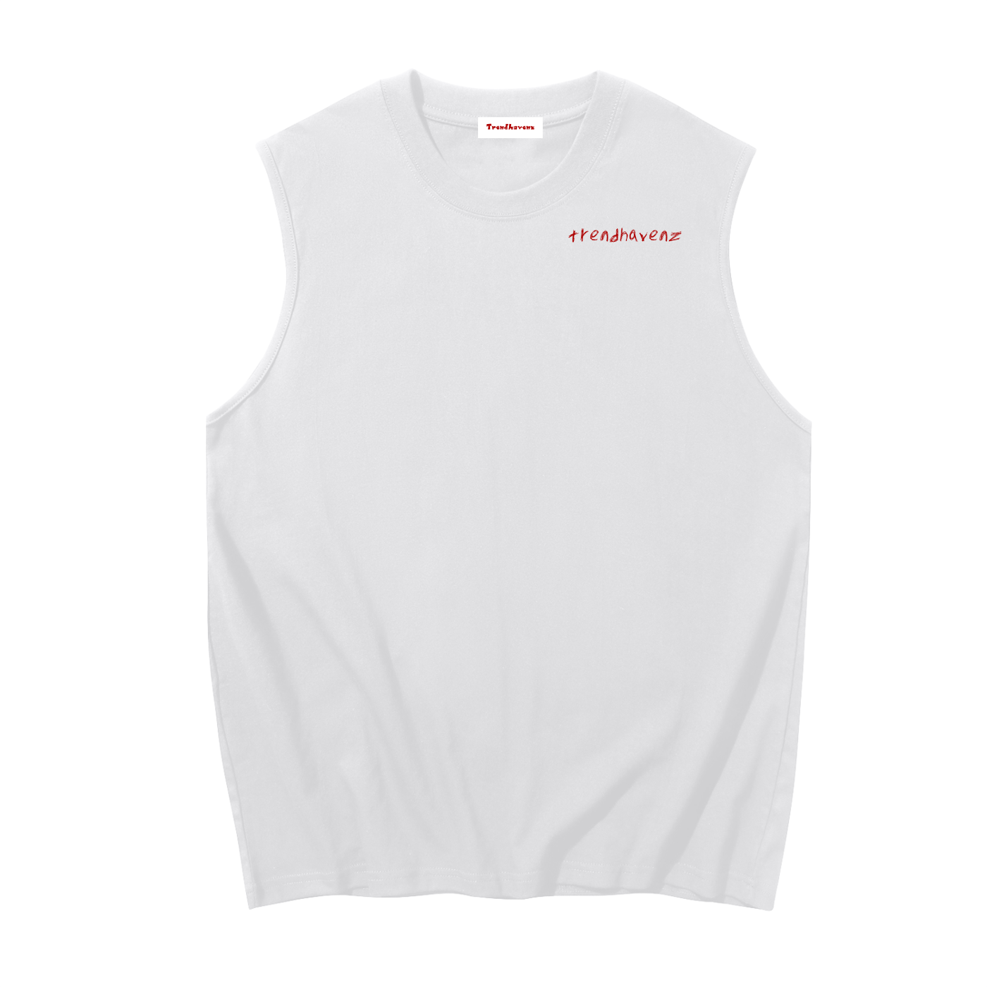 Men's sleeveless cotton tank top, white; crew neck; small red chest logo print