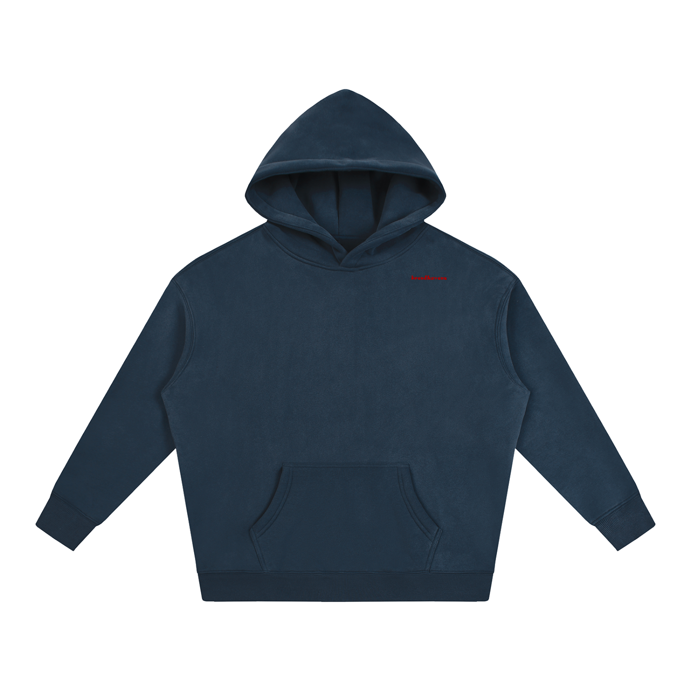 Oversized fleeced hoodie, navy hooded front with kangaroo pocket and ribbed cuffs