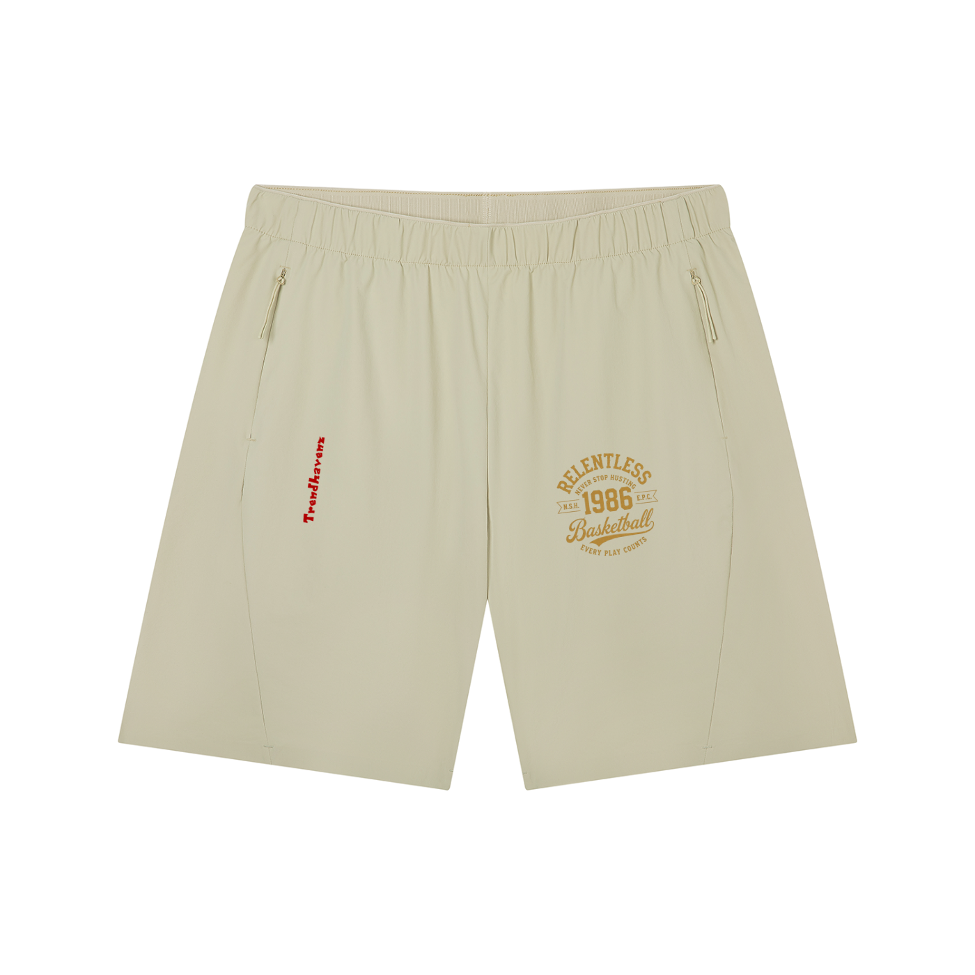 Light beige basketball shorts with drawstring waist, side pockets, and logo patch