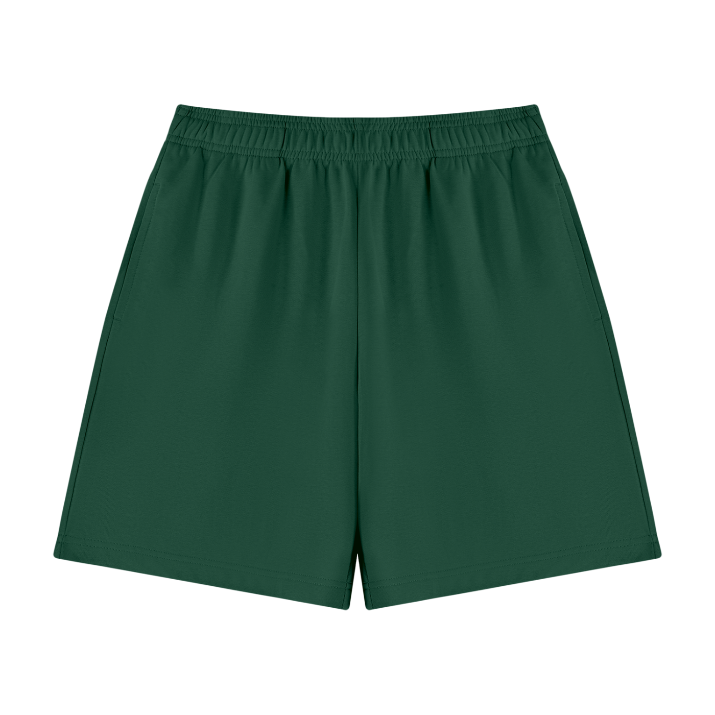 Unisex cotton shorts in dark green with elastic waistband and straight hems