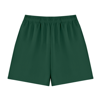 Unisex cotton drawstring shorts, deep green, elastic waistband, relaxed straight fit