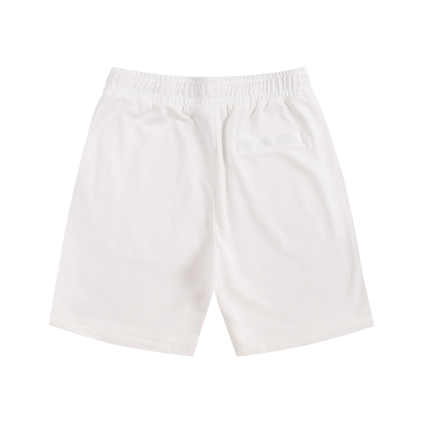Cotton streetwear shorts, white with elastic waistband, no drawstring visible, side pocket