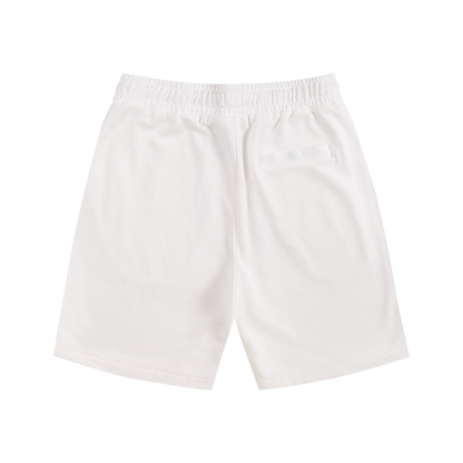 White cotton drawstring shorts with elastic waistband and side pockets