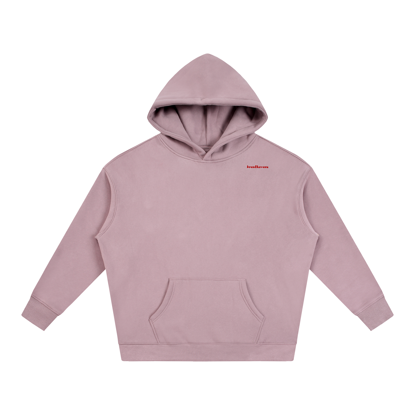 Oversize fleeced hoodie, mauve with hood and kangaroo pocket; small chest logo