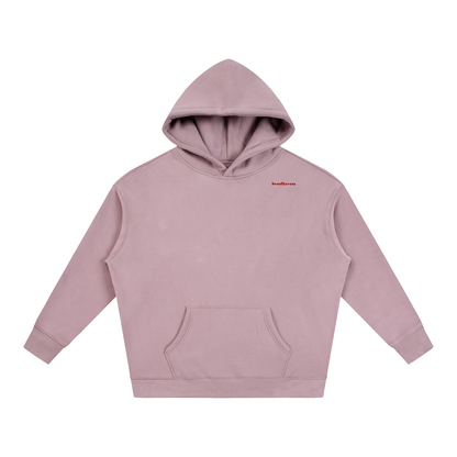 Oversize fleeced hoodie, mauve with hood and kangaroo pocket; small chest logo