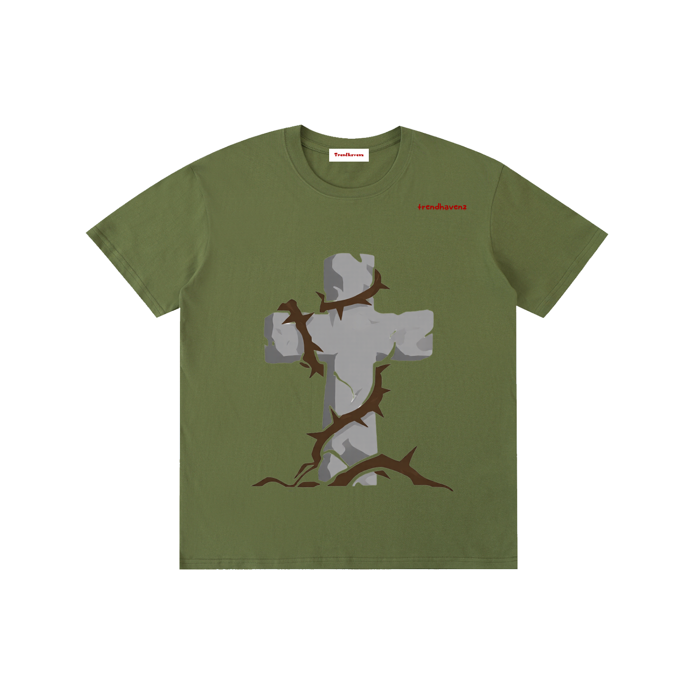 Unisex pure cotton T-shirt, army green with gray Jesus graphic