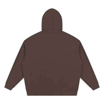 Dark brown unisex hoodie back view, pullover hood and long sleeves