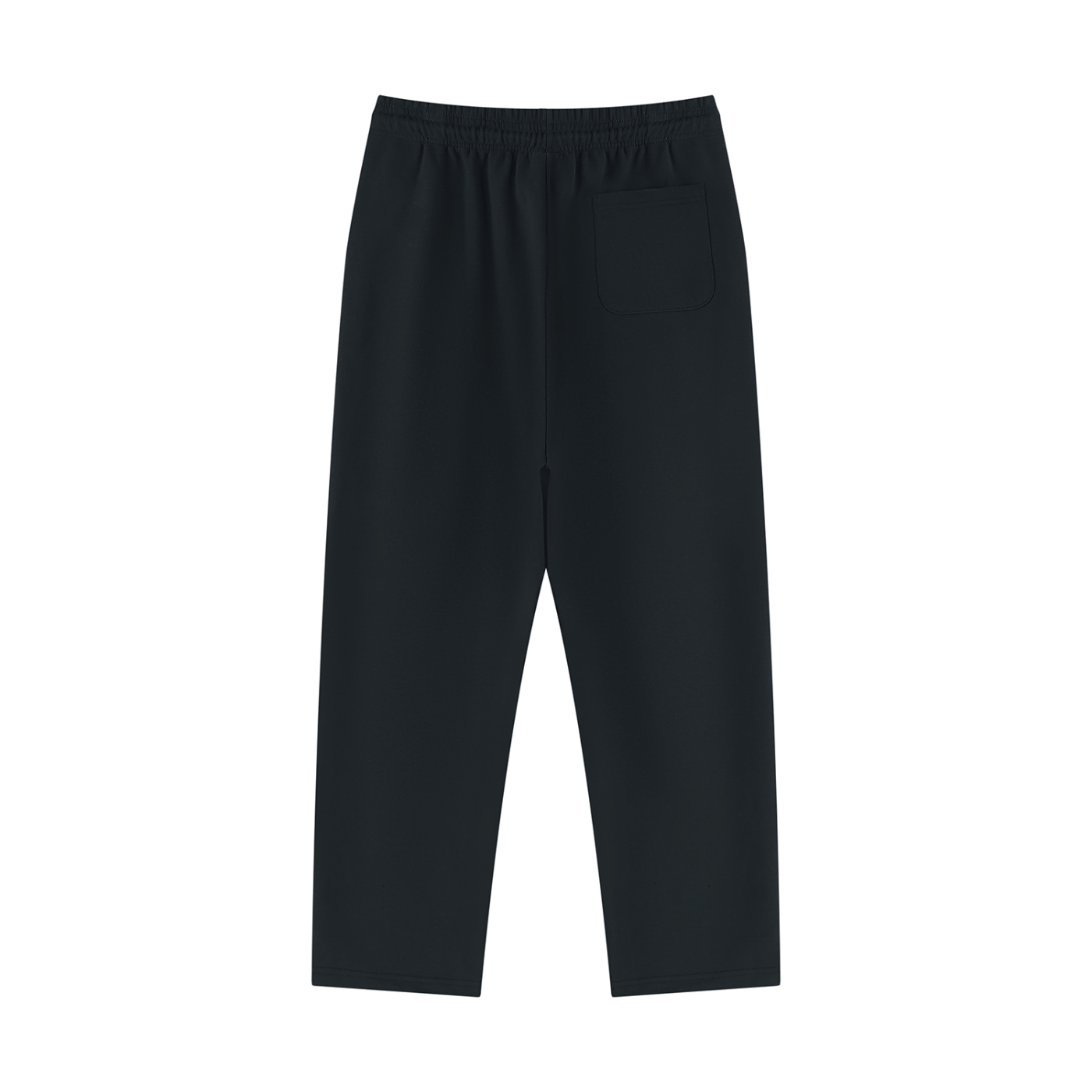 Black straight-leg sweatpants with elastic waistband, drawstring, and side pocket