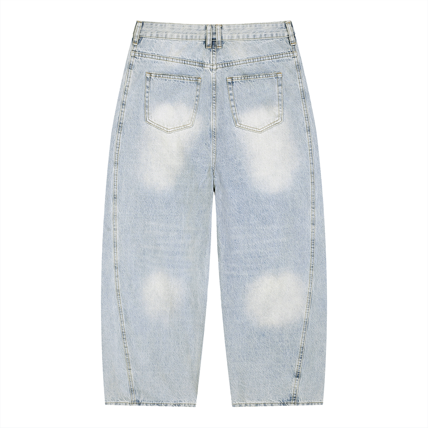 Light blue vintage wash barrel-leg jeans with two back pockets and relaxed fit