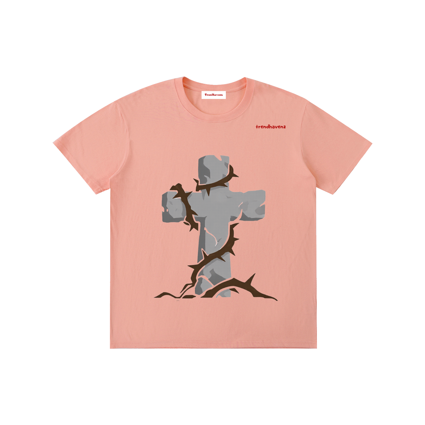 Unisex pure cotton T-shirt, light apricot pink with gray Jesus graphic