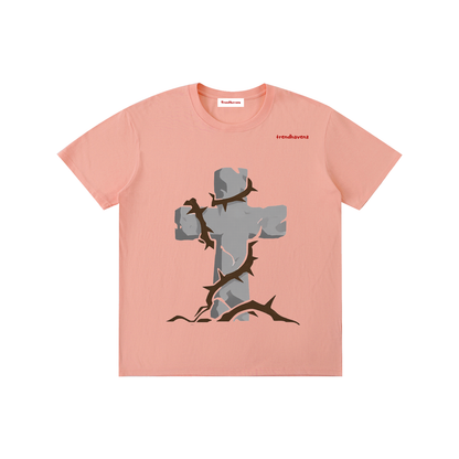 Unisex pure cotton T-shirt, light apricot pink with gray Jesus graphic