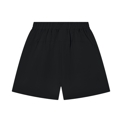 Dark cotton shorts with gathered elastic waist and straight, relaxed fit