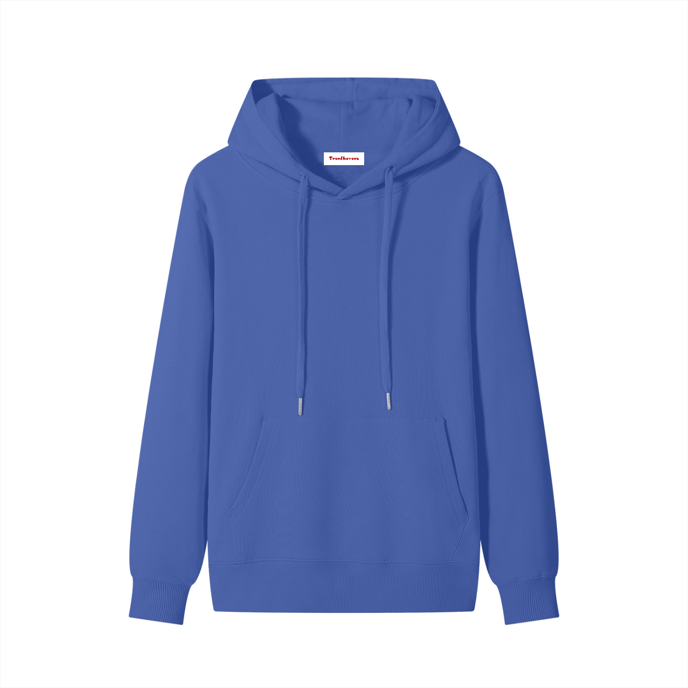 Unisex cotton hoodie, blue color, front view with drawstring hood and kangaroo pocket