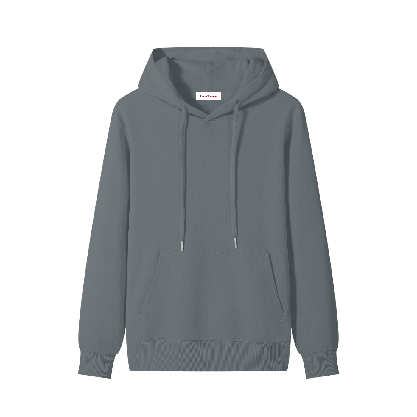 Unisex cotton pullover hoodie, front view, slate gray with hood and drawstring