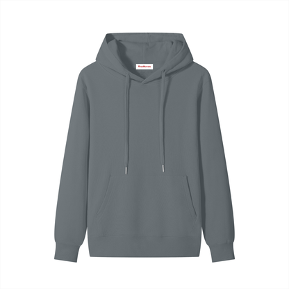 Unisex cotton pullover hoodie, front view, slate gray with hood and drawstring