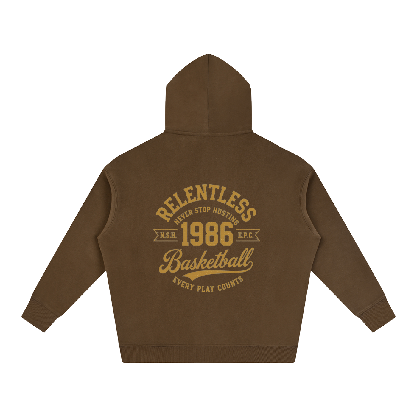 Oversized fleeced hoodie, brown back with basketball graphic and hood