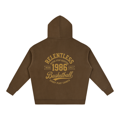 Oversized fleeced hoodie, brown back with basketball graphic and hood